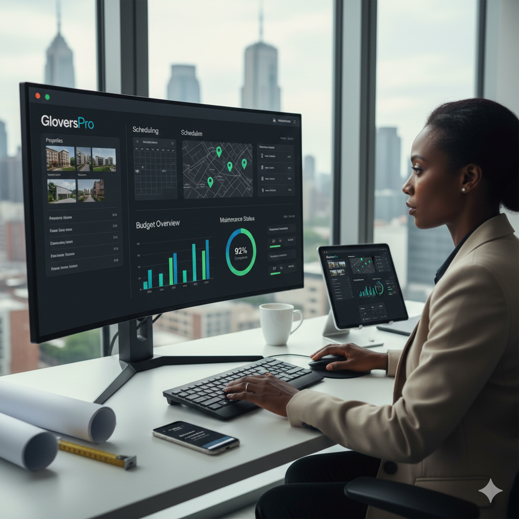 GloversPro Business Dashboard showing property maintenance scheduling, contractor tracking, and building management features for property managers